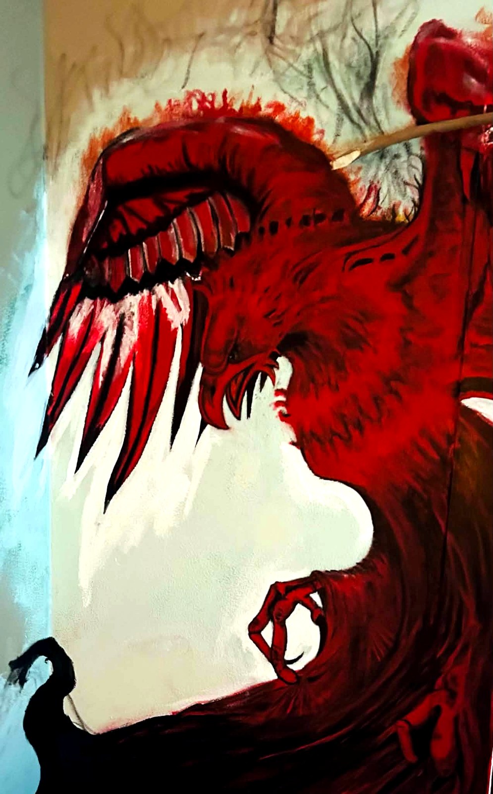 Red mantis-inspired painted artwork on canvas